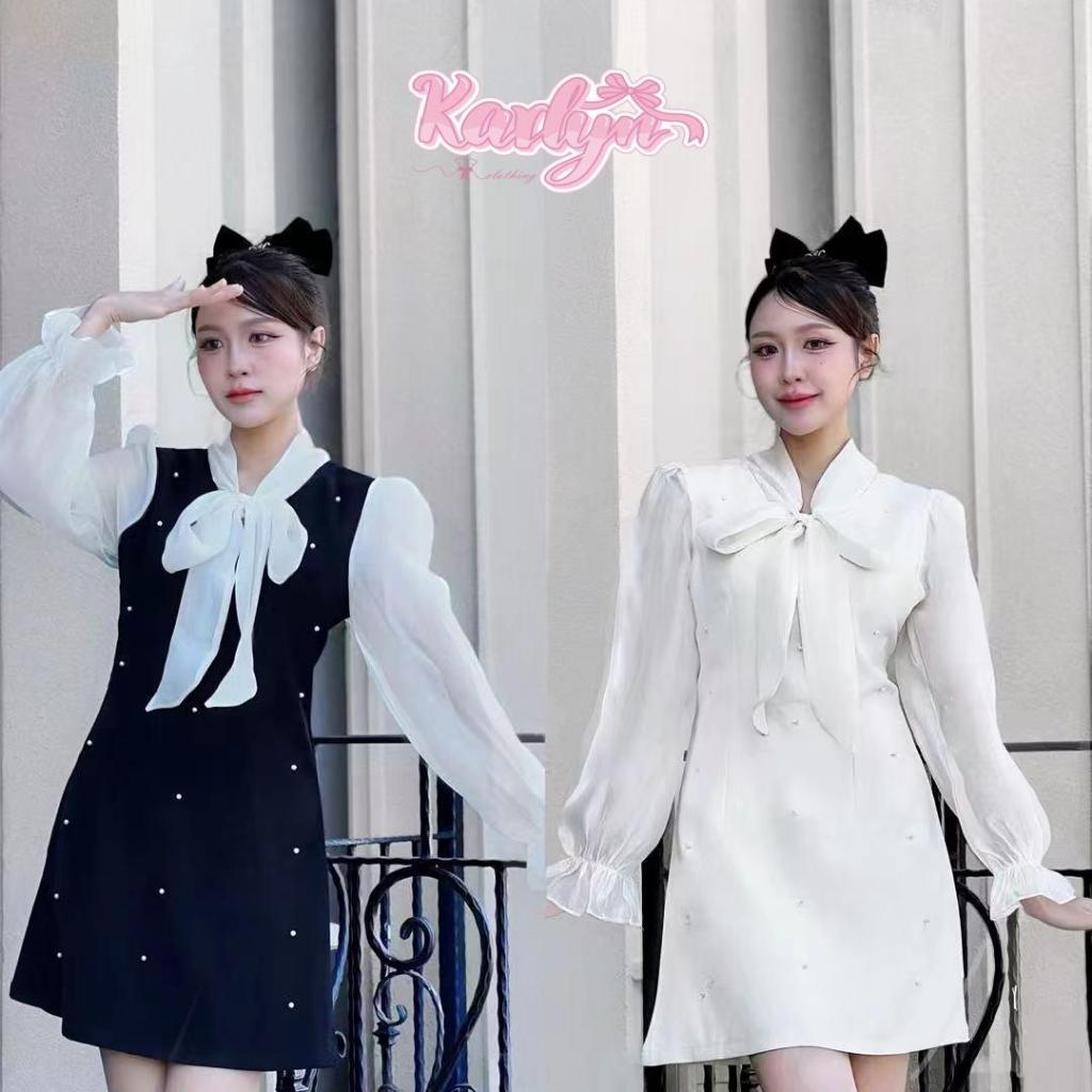 【Karlyn】FZ-CC-H33# มินิเดรสแขนชีฟอง ผูกโบว์  ปักมุกทั้งตัว น่ารักมาก