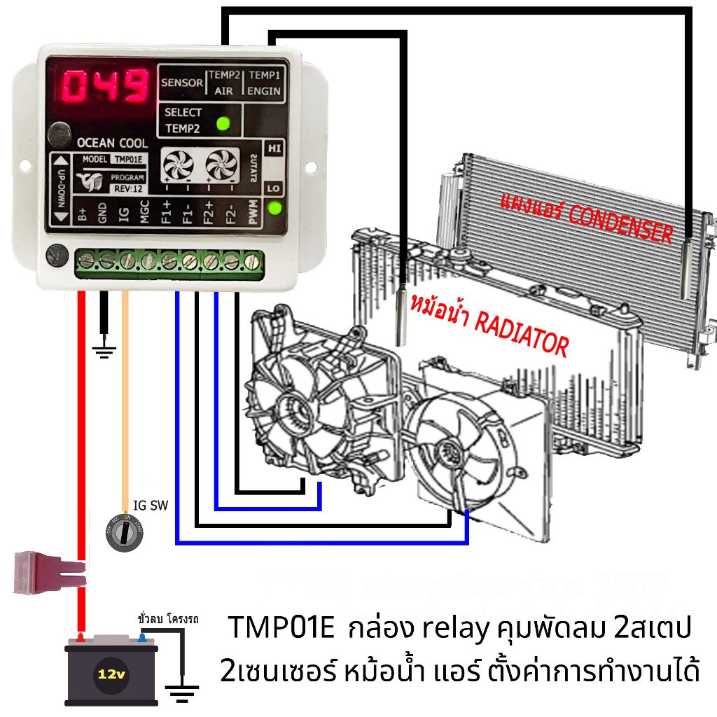 ชุดควบคุมพัดลมหม้อน้ำ 2ตัว TMP01E สั่งพัดลมไฟฟ้า 2 สเต็ป อุณหภูมิ 0-125 องศา ตั้งค่าการทำงานได้ รีเลย์ พัดลมไฟฟ้า TMP01