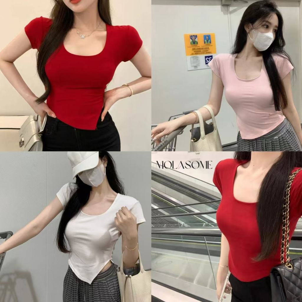 คริสต์มาสสีแดง เสื้อครอปแฟชั่นผู้หญิง คอเหลี่ยม สไตล์เซ็กซี่ แขนสั้น ผ้าดีผ้านิ่ม ใส่สบาย ไม่ร้อน ไม่ต้องรีด รุ่นใหม่