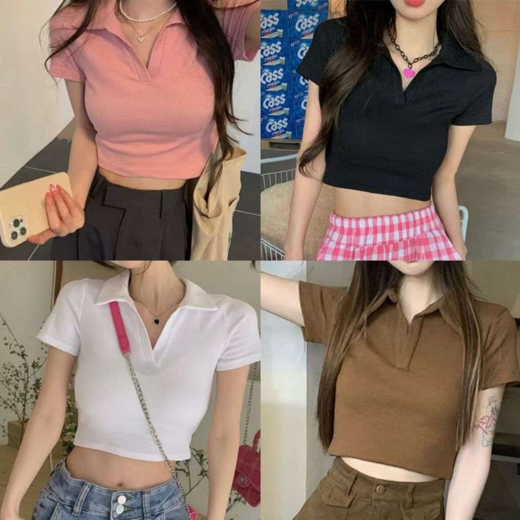 เสื้อครอปหญิง เสื้อครอปคอปก ทรงคอเว้า แซ่บมาก เอวลอย ผ้าดีผ้านิ่ม ใส่สบาย ไม่ร้อน ไม่ต้องรีด