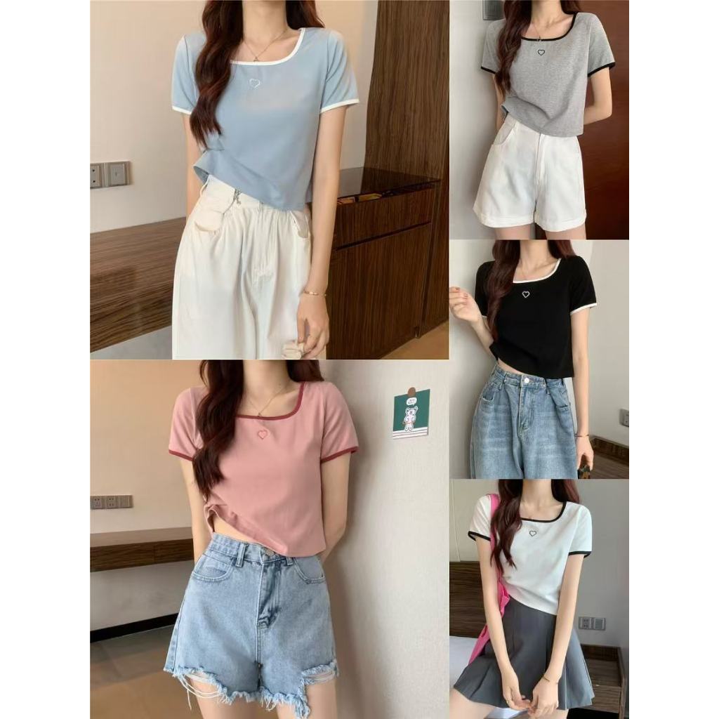 เวอร์ชั่นเกาหลี สำหรับผู้หญิง รูปหัวใจ น่ารัก งานปัก ทรงเข้ารูป แขนสั้นลำลองอเนกประสงค์