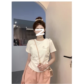 Beryl 🌻 เสื้อยืดคอกลมผูกโบว์สีขาวสำหรับผู้หญิง 🎀 เวอร์ชั่นเกาหลี น่ารัก ขี้เล่น แขนสั้น ลำลอง ผอมเพรียว เสื้อท่อนบน