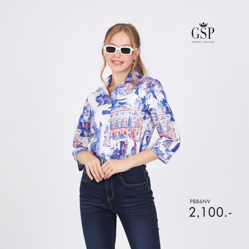 GSP เสื้อเชิ๊ตผู้หญิง Postcard แขนสามส่วน สีน้ำเงิน ขาว แดง PBD3NV