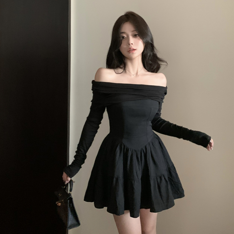 💗เดรสไหล่เดียว💗 เดรสแขนยาว เดรสทรงตู่ ทรงบัลเล่ต์ฝรั่งเศส สไตล์สาวหวาน กระโปรงเว้าไหล่ - รูปที่ 4