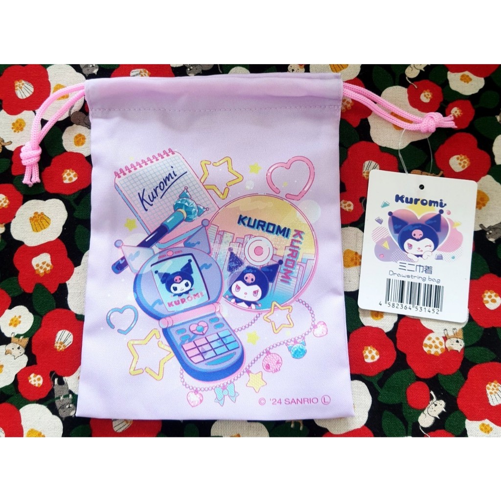 Sanrio Kuromi กระเป๋าหูรูด ถุงผ้าหูรูด คุโรมิ ของแท้จากญี่ปุ่น  รวม ซานริโอ้ แบดแบด คิตตี้ เคโระ โปเชโกะ ฮังเกียวด้ง
