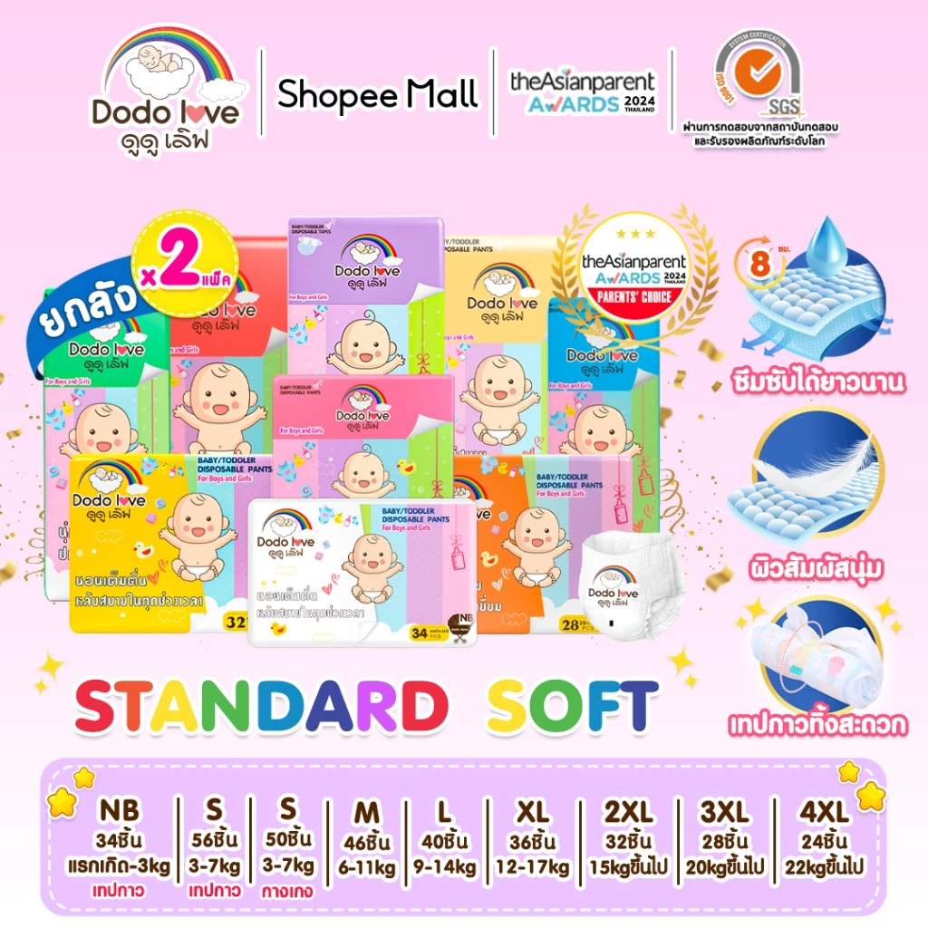[ Specials ] ยกลัง 2แพ็ค DODOLOVE Standard Soft กางเกงผ้าอ้อม ผ้าอ้อม Size NB-4XL นุ่ม บางเบา ใส่สบาย มีโลเทปม้วนทิ้ง