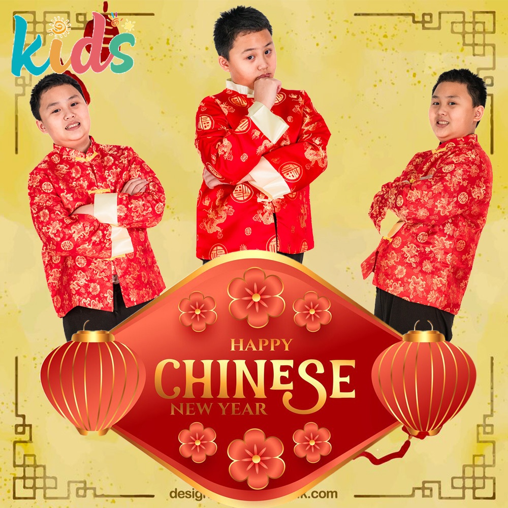 Kids เสื้อจีนเด็กผู้ชาย แขนยาว สีแดง เสื้อเดี่ยว ชุดจีนเด็กชาย ลายมังกร คอจีน ปักกระดุมจีน 04 / 08 / 35
