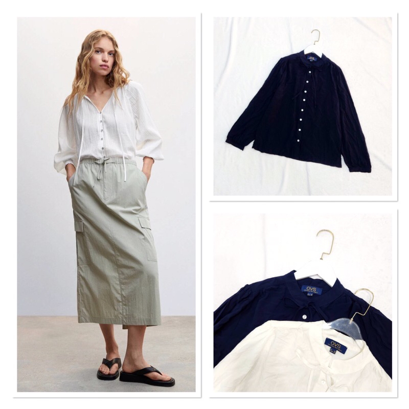 OVS เสื้อคอจีน กระดุมหน้า งานแท้นะ น้องเป็นเชิ๊ตผ้าเบาๆใส่สบายไม่ร้อน เป็นงานกระดุม ดีเทลมีเชือกผูกโ