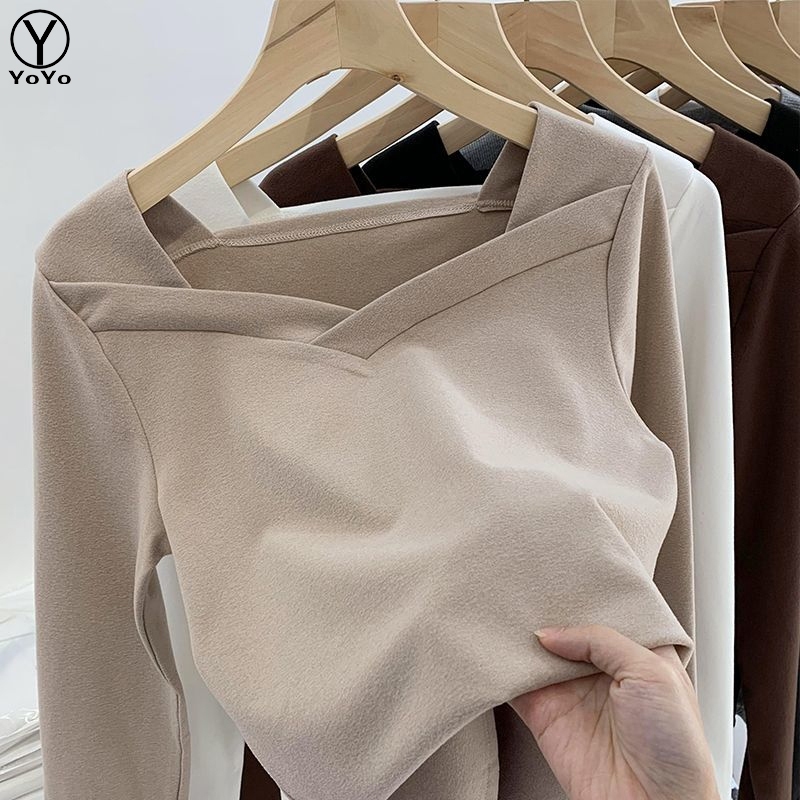 YOYO เสื้อยืดแขนยาว เสื้อผ้าแฟชั่นสไตล์เกาหลี แบบเรียบๆทันสมัย ใส่อุ่นกันหนาว รุ่น2821