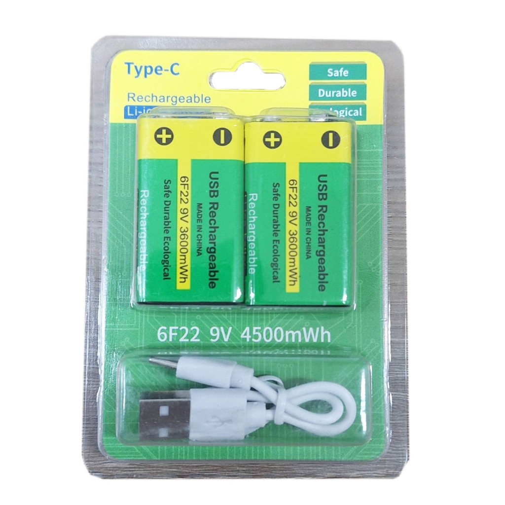 ถ่าน 9v ชาร์จ type c ถ่านแบตเตอรี่ USB ขนาด 9V ชาร์จเร็ว ชาร์จได้ทุกที่ ทุกเวลา ความจุ 3600 mAh.