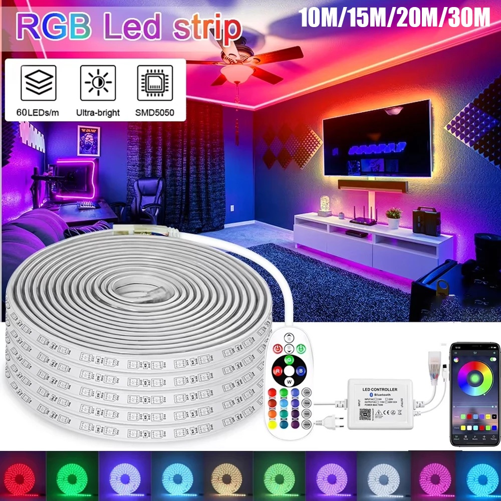 Qimedo เทปหนามนีออนไฟ 60LED/M 220V RGB ยืดหยุ่น SMD 5050 ควบคุมบลูทูธกันน้ำได้ทำงาน