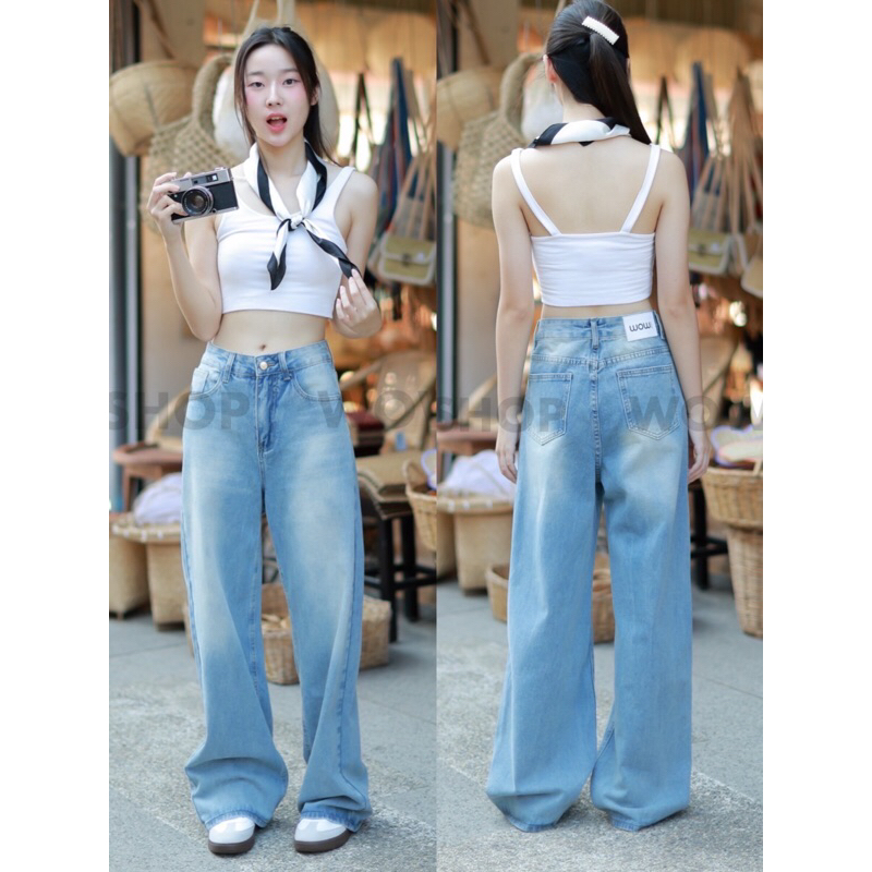 1307#wowกางเกงยีนส์ทรงกระบอกสีฟอกสวยๆผ้าไม่ยืดเอวสูง