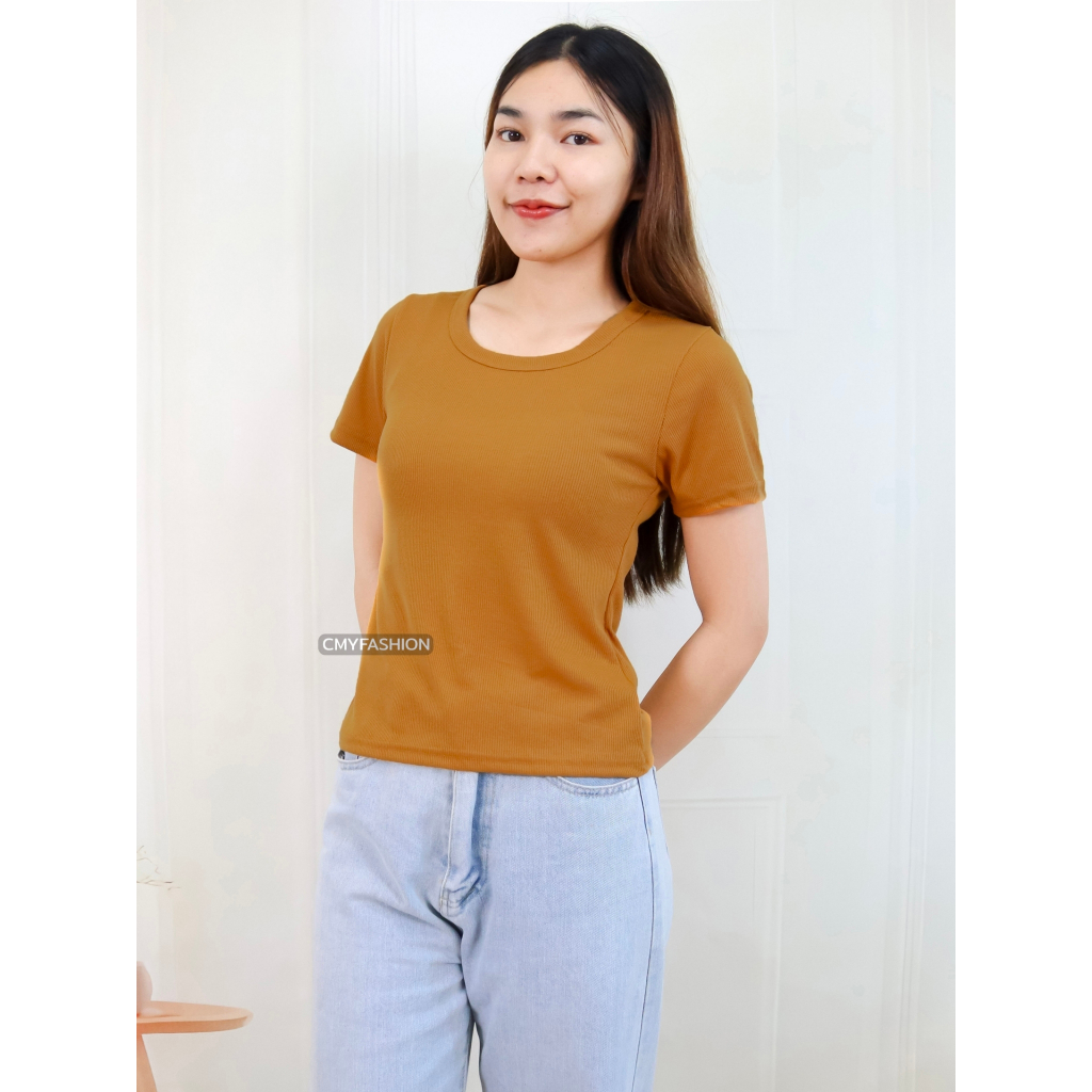 เสื้อยืด ผู้หญิง คอกลม แขนสั้น สีพื้น ผ้าร่อง เนื้อผ้านิ่ม ดีไซน์ทรงเข้ารูป t5222# - รูปที่ 3