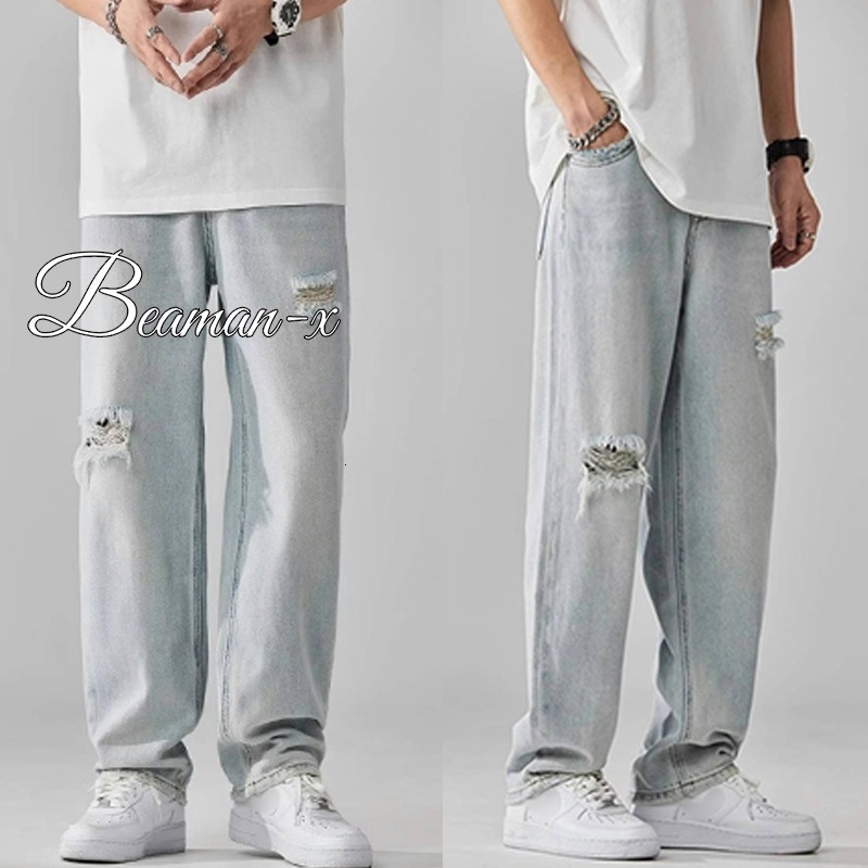 Beaman-X ยีนส์ขากระบอก สไตล์เกาหลี ระบายอากาศดี เนื้อผ้าใส่สบาย 💥พร้อมส่ง💥 เอวยางยืด แฟชั่นเท่