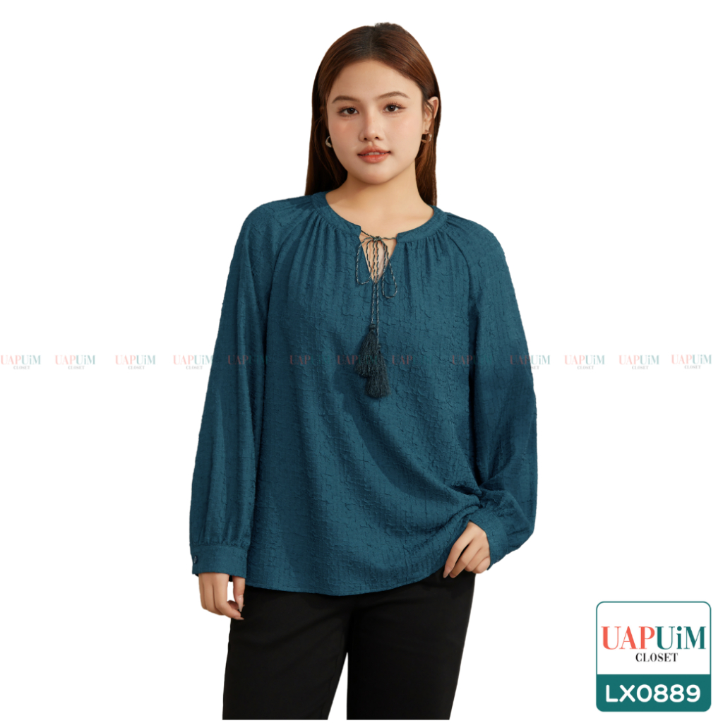 (LX0889)เสื้อแขนยาวสาวอวบเสื้อแขนยาวทรงโอเวอร์ไซส์ โทนสีเขียวน้ำทะเล ติดกระดุมช่วงปลายแขน 1 เม็ด