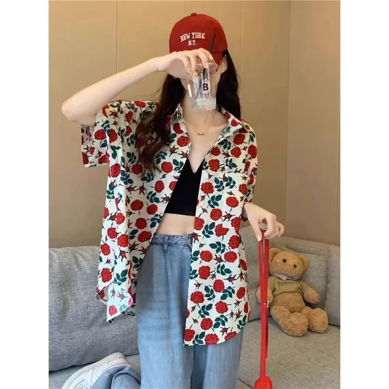 เสื้อเชิ้ตฮาวายแขนสั้นลายดอกกุหลาบ สไตล์เกาหลี thumbnail 4