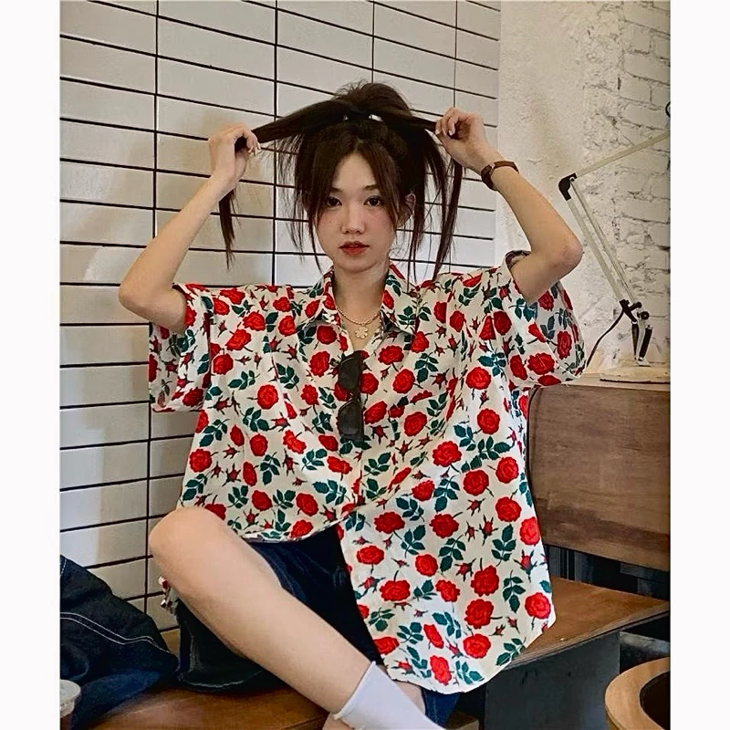 เสื้อเชิ้ตฮาวายแขนสั้นลายดอกกุหลาบ สไตล์เกาหลี thumbnail 5