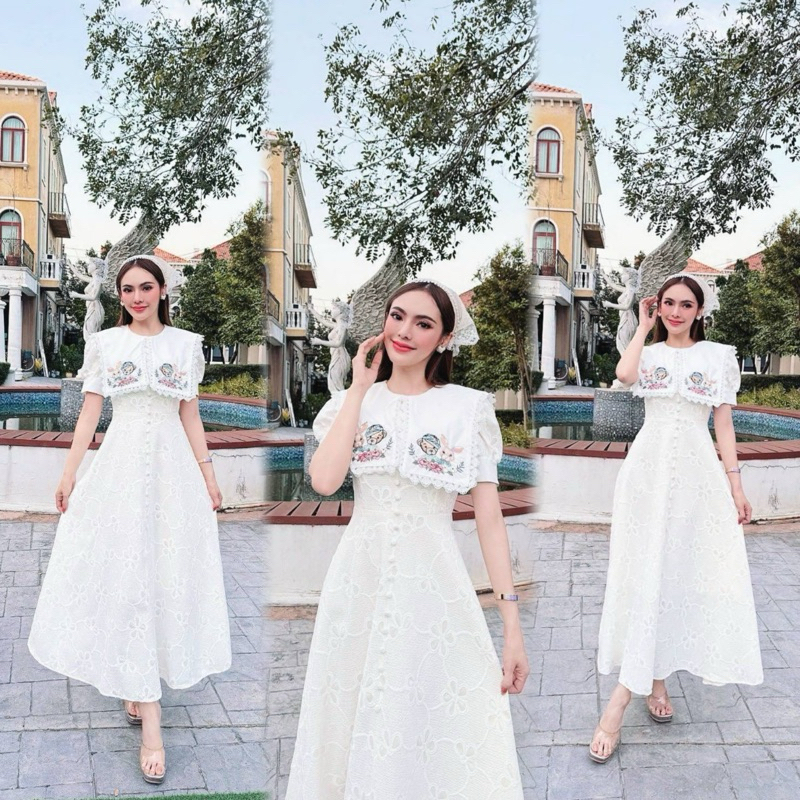 B321 งานป้าย SI-AM ชุดเดรสกระโปรงยาว ผ้าลูกไม้ ปกคอปัก แต่งลูกไม้ระบาย ทรงแขนสั้นแต่งปลายแขนขาว