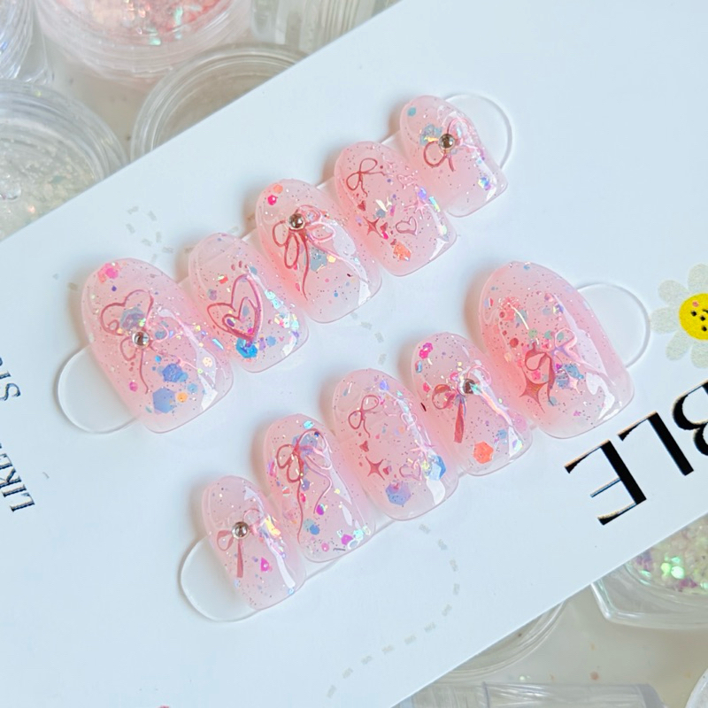 เล็บเจลแท้ราคาถูก(พร้อมส่ง)ลายเจ้าโบว์ชมพูเลเซอร์