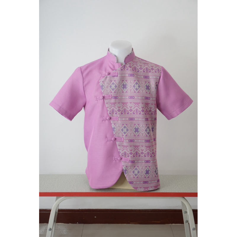 เสื้อชมพูจีนชาย ผ้าทอลาย อัดกาวทั้งชุด พร้อมส่ง