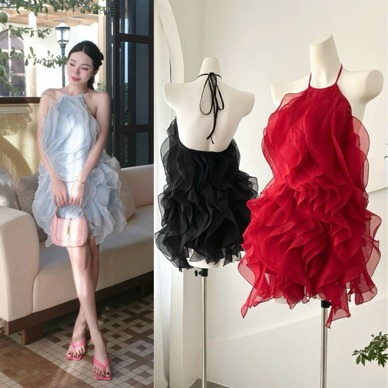 TBB: เดรสคล้องคอระบายตามตัว คัตติ้งสวย ใส่ออกงานดินเนอร์🥂 🇻🇳Vietnam พร้อมส่ง แดง/ฟ้า SM