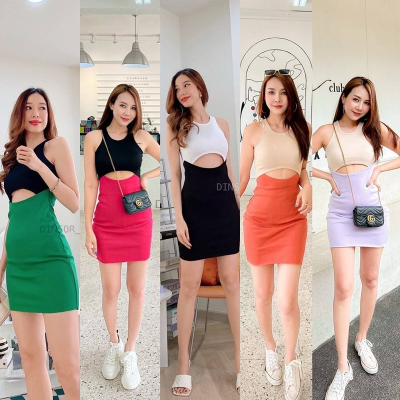 DNo02 เดรสสั้น แต่งเว้า แต่งสีสลับ เดรสทูโทน ผ้าร่องเทพ