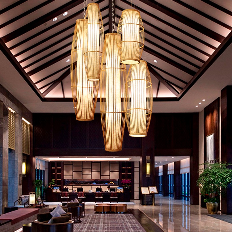 โคมไฟเพดาน โคมไฟระย้า ไม้ไผ่สาน รูปร่างดอกบัว สีธรรมชาติ สไตล์ญี่ปุ่น สำหรับตกแต่งบ้าน ร้านอาหาร โรงแรม ร้านกาแฟ