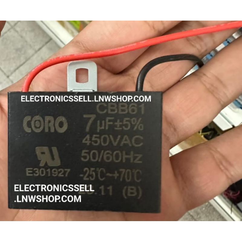 7UF450V คาปาซิเตอร์ 7UF 7MFD 450V AC รุ่น CBB61 มีสาย ไฟ ยี่ห้อ CORO MKP CAPACITOR คอนเดนเซอร์ CONDE