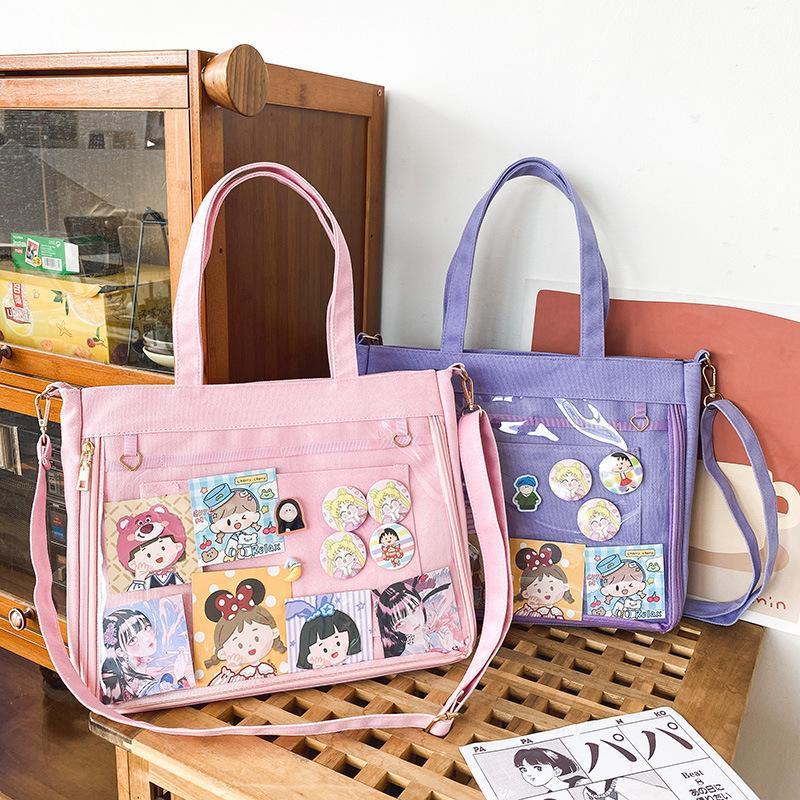 กระเป๋าถือ มีกระเป๋าใสด้านหน้า กระเป๋าช้อปปิ้ง ทรงโท้ท มีสายสะพายข้าง แฟชั่นผู้หญิง