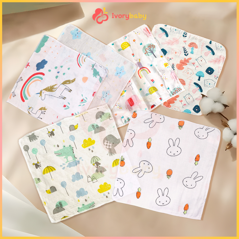 IVORYBABY ผ้าเช็ดหน้าเนื้อผ้าสาลูสำหรับเด็ก ผ้าสาลู เนื้อผ้านุ่ม สําหรับเช็ดหน้าสาลู ผ้าพันคอเด็ก เช็ดน้ำลาย อ่อนโยนต่อผ