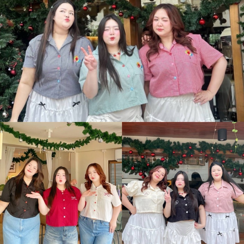 FB เสื้อเชิ้ตทรงครอป ผ้าลูกฟูก/ด๊อบบี้/คอตตอน ทรงสวย ไซส์ใหญ่ สาวอวบ