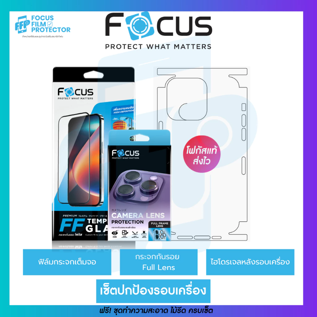 Set ป้องกันรอบเครื่อง สำหรับ iPhone ฟิล์มกระจกเต็มจอใส + Full Lens ครอบกล้อง&ฐาน + Hydroplusฟิล์มหลังรอบเครื่อง