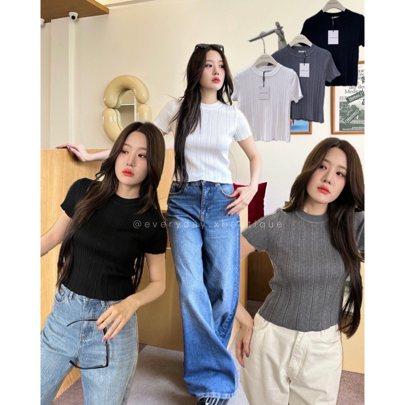 Basic knit top (330฿) เสื้อยืดผ้าไหมพรมทรงครอปแขนสั้น คิ้วมากกกก เกาหลีสุดๆ กำลังฮิตสุดๆ ทรงสวยพอดีตัวกำลังดี valen