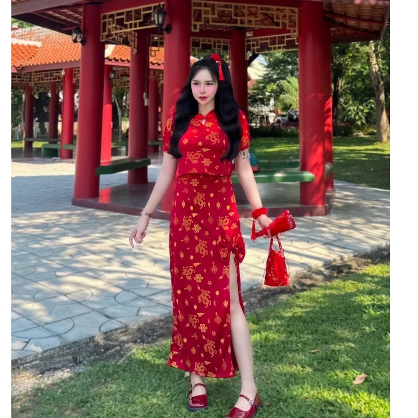 ชุดเซต2ชิ้นผ้าไมโคร(ตรุทจีนตรุทใจ)เเดงเสื้อ+กระโปรงยาว - รูปที่ 6