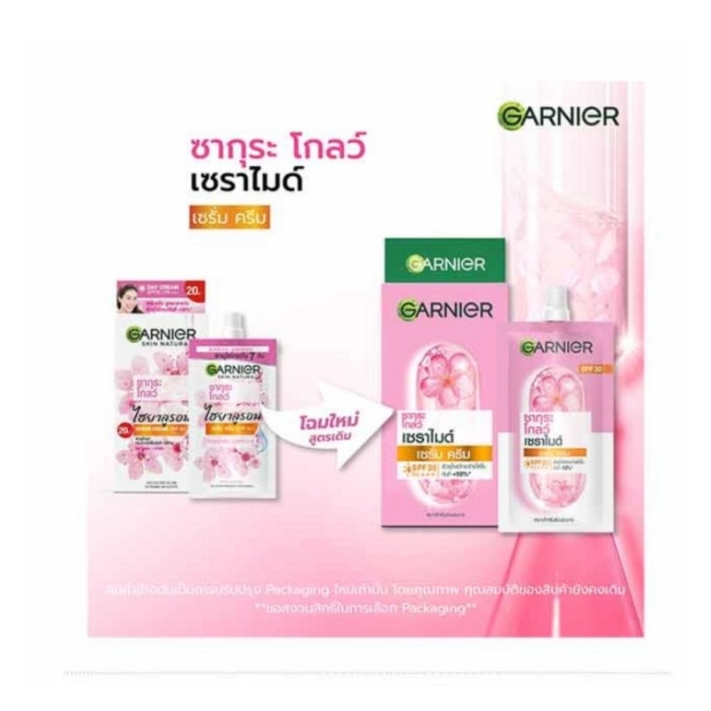 การ์นิเย่ ซากุระโกลว์ เซราไมด์ เซรั่มครีม SPF30 PA+++30 7มล. แพ็ค 6 ซอง ของแท้ 100%
