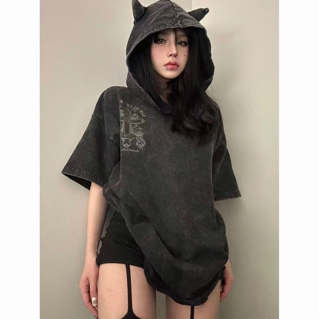 เสื้อยืดแขนสั้น มีฮู้ด ลายปีศาจน้อย สไตล์ฮิปฮอป สตรีท เหมาะกับฤดูร้อน สําหรับผู้หญิง