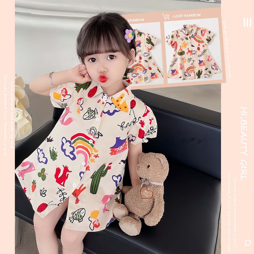 Lucky Rainbow 1-9 ปี ชุดเดรสเด็กผู้หญิง ชุดเดรส ลายกราฟฟิตี แฟชั่นฤดูร้อน สําหรับเด็กผู้หญิง