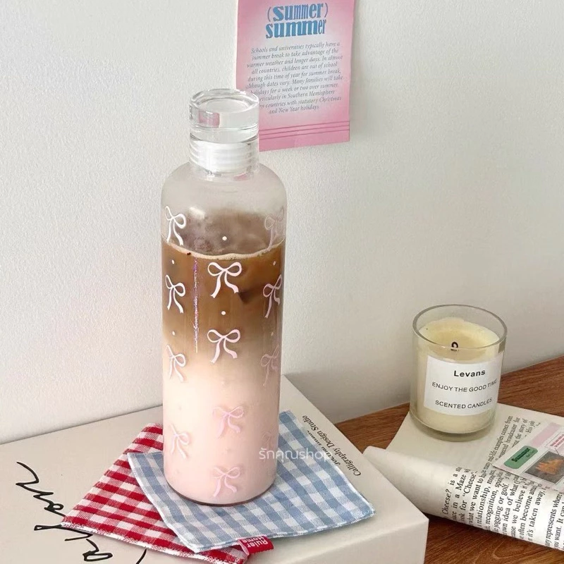 แก้วน้ำ แก้วกาแฟ 500ml ขวดน้ำ กระบอกน้ำ ลายโบว์สีชมพู น่ารัก ผู้หญิง มินิมอล ใส่ได้ทั้งร้อนและเย็น พร้อมส่ง