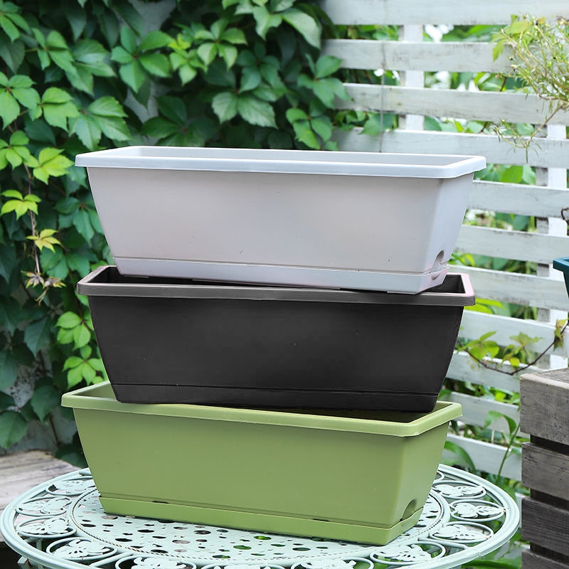 กระถางพลาสติกแบบยาว 43*19*15cm พร้อมถาด กระถางทรงสี่เหลี่ยม ปลูกผัก เรซิน
