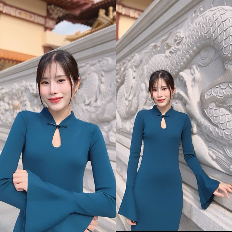 KANYA - Fā Cāí Dress (ฟาไฉเดรส)[7883] เดรสยาวไหมพรมคอจีน ดีเทลแขนกระดิ่ง กระโปรงผ่าข้าง (19C) / (21I-21J)