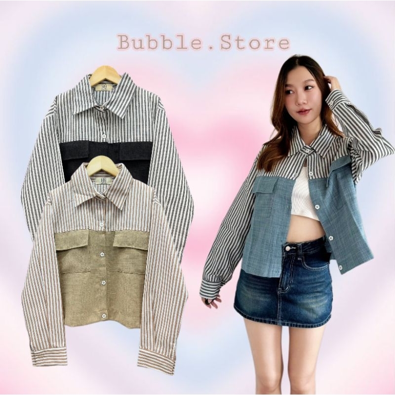 เสื้อครอปแขนยาว 2 โทน ผ้าคอตอนสลาฟสีพื้นแต่งบ่าด้วยผ้าฝ้ายทอลายริ้ว(ภาพถ่ายจากสินค้าจริง)