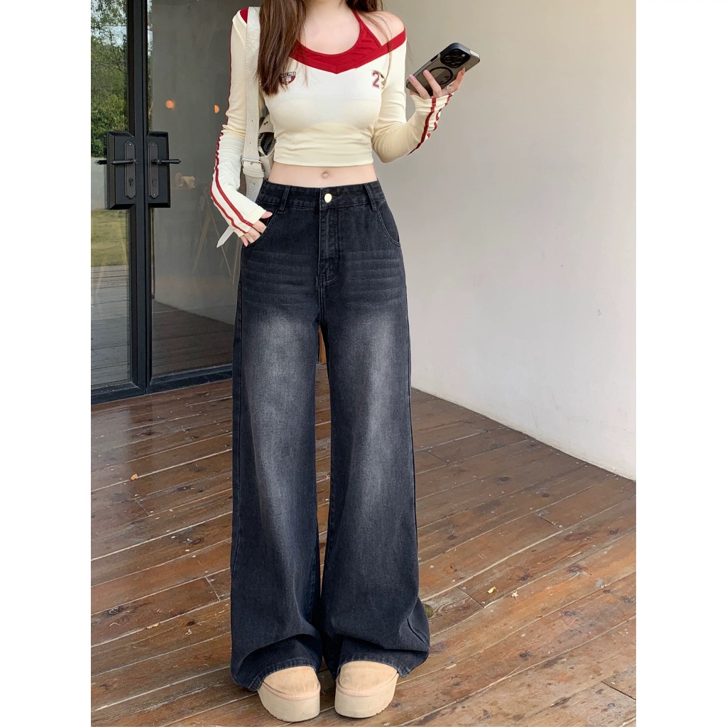 กางเกงยีนส์ทรงกระบอกสีดำฟอก ปลายขาบาน วินเทจ ทรงสวย สาวอวบ (A63สีดำ) Jean ผู้หญิง Clothing Women เสื้อผ้า Lady