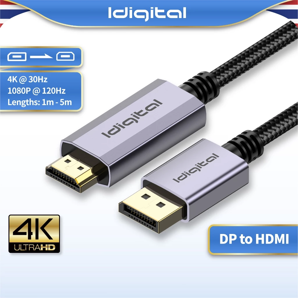 Idigital สาย DP to HDMI Cable, 4K 30Hz, 1080p 120Hz, 1m-5m, For PC, คอมพิวเตอร์โน้ตบุ๊ก, TV, PS5, ส่งจาก กทม