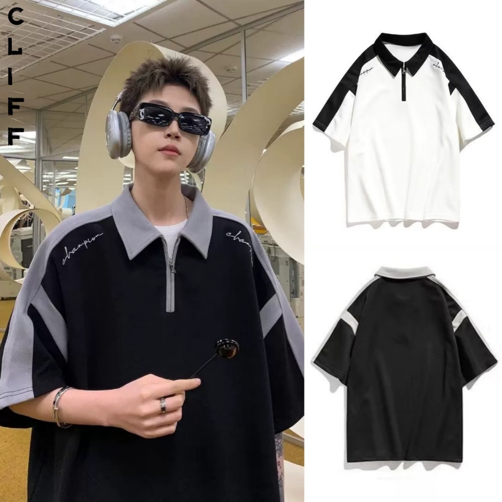 CLIFF เสื้อโปโลสีเย็บต่อ เสื้อยืดสไตล์ญี่ปุ่น แมทช์ลุคง่าย ไซส์ใหญ่ ปกซิป เสื้อท่อนบน