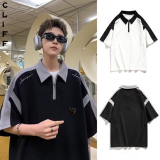 CLIFF เสื้อโปโลสีเย็บต่อ เสื้อยืดสไตล์ญี่ปุ่น แมทช์ลุคง่าย ไ…