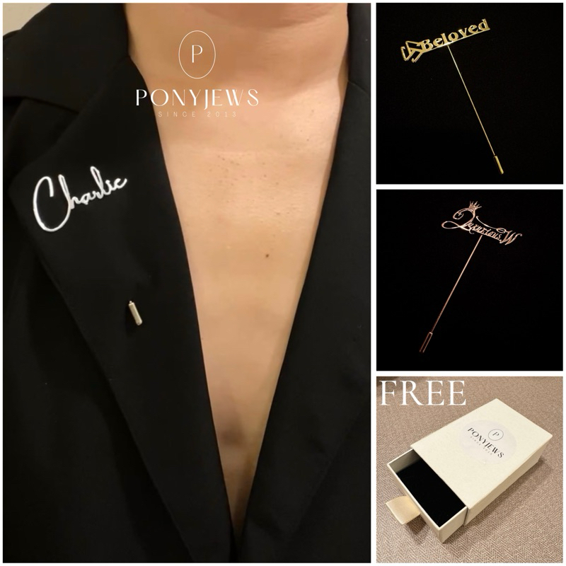Lapel pin พินติดสูทรชื่อ โลโก้แบรนด์ ทำได้ทุกภาษา ไม่จำกัดตัวอักษร แถมฟรีกล่องแบรนด์
