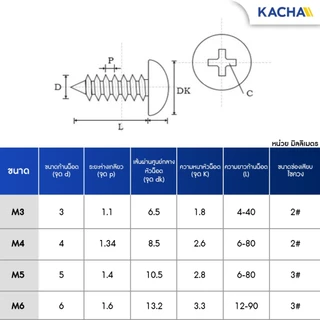 KACHA น็อต สกรู หัวกลม แฉก P+ เกลียวมิล M3 M4 M5 M6 สแตนเลส 304 เกลียวปล่อย SUS304 GB845