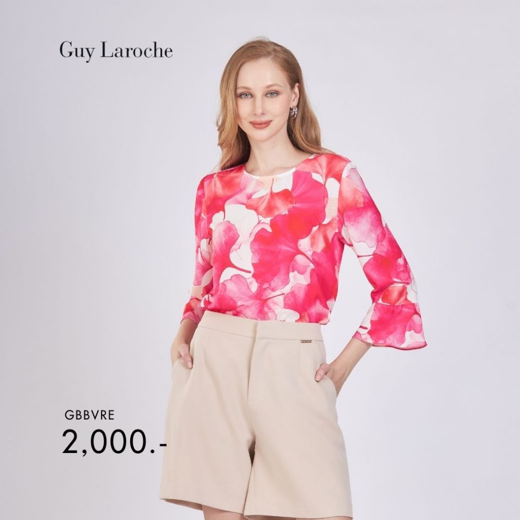 Guy laroche เสื้อผู้หญิง พิ้งค์กิงโกะ pink gingko แขนยาวระบายปลายแขน สีชมพู GBBVRE