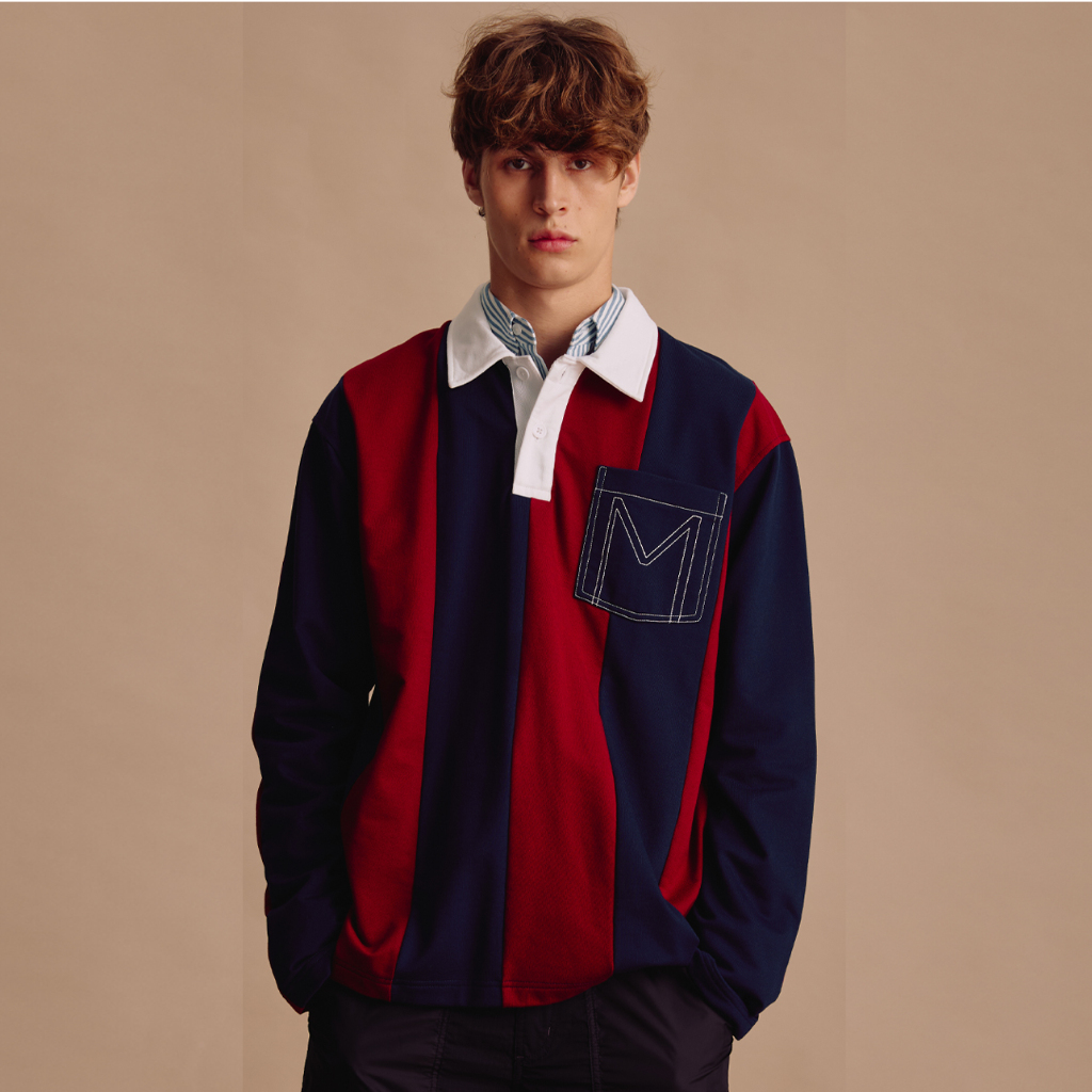 [MOO 1/25] Preppy Rugby Shirt เสื้อรักบี้ผู้ชายแขนยาว ผ้าเจอร์ซี่ คอปกโปโล ตัดต่อชิ้นคอปกและกระเป๋าหน้า แต่งกระดุมหน้า