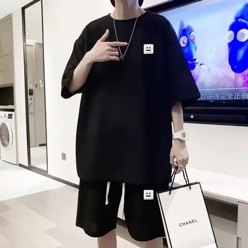 M-3XLชุดเซ็ต2ชิ้น เสื้อผ้าผู้ชาย พิมพ์ลาย เสื้อยืดคอกลม แขนสั้น+กางเกงขาสั้น  ผ้านิ่ม ผ้าวาฟเฟิล สวมใส่สบาย